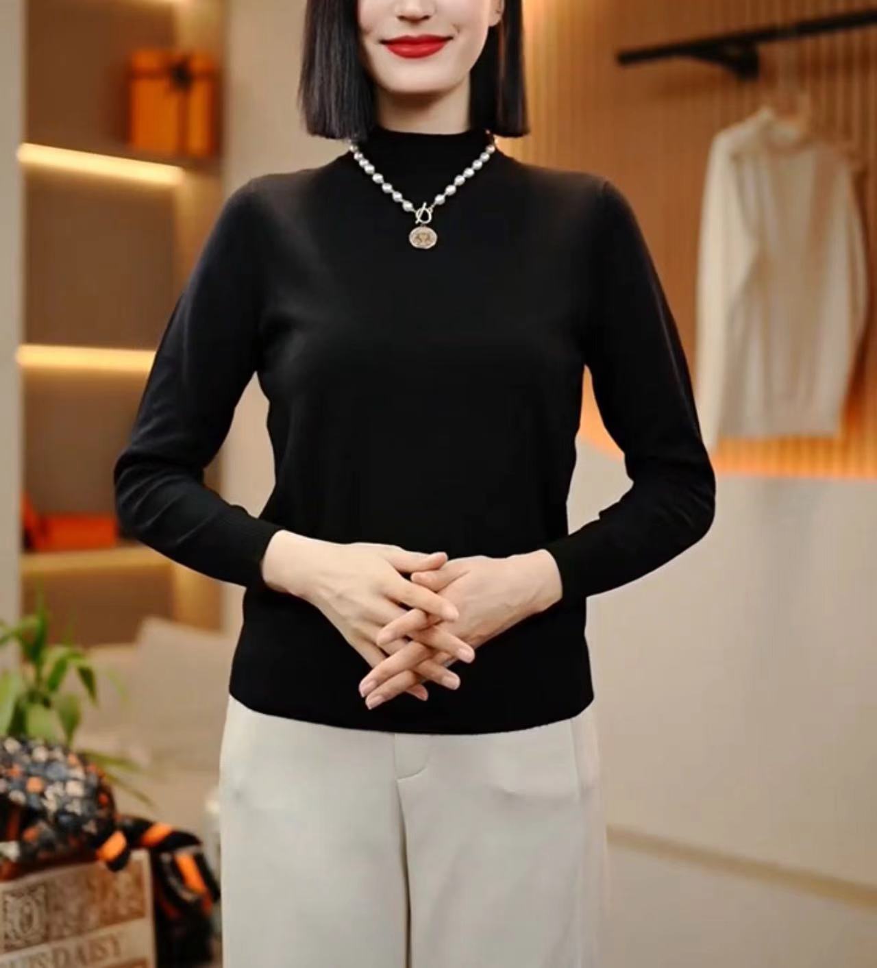 2024秋冬新品高领时尚纯色长袖修身保暖上衣女士打底衫-101黑（六）