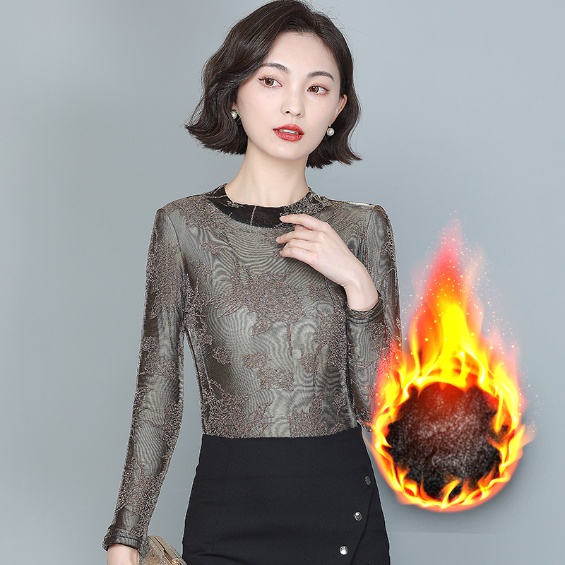 加绒半高领网纱打底衫女2024秋冬新款印花内搭洋气小衫蕾丝上衣