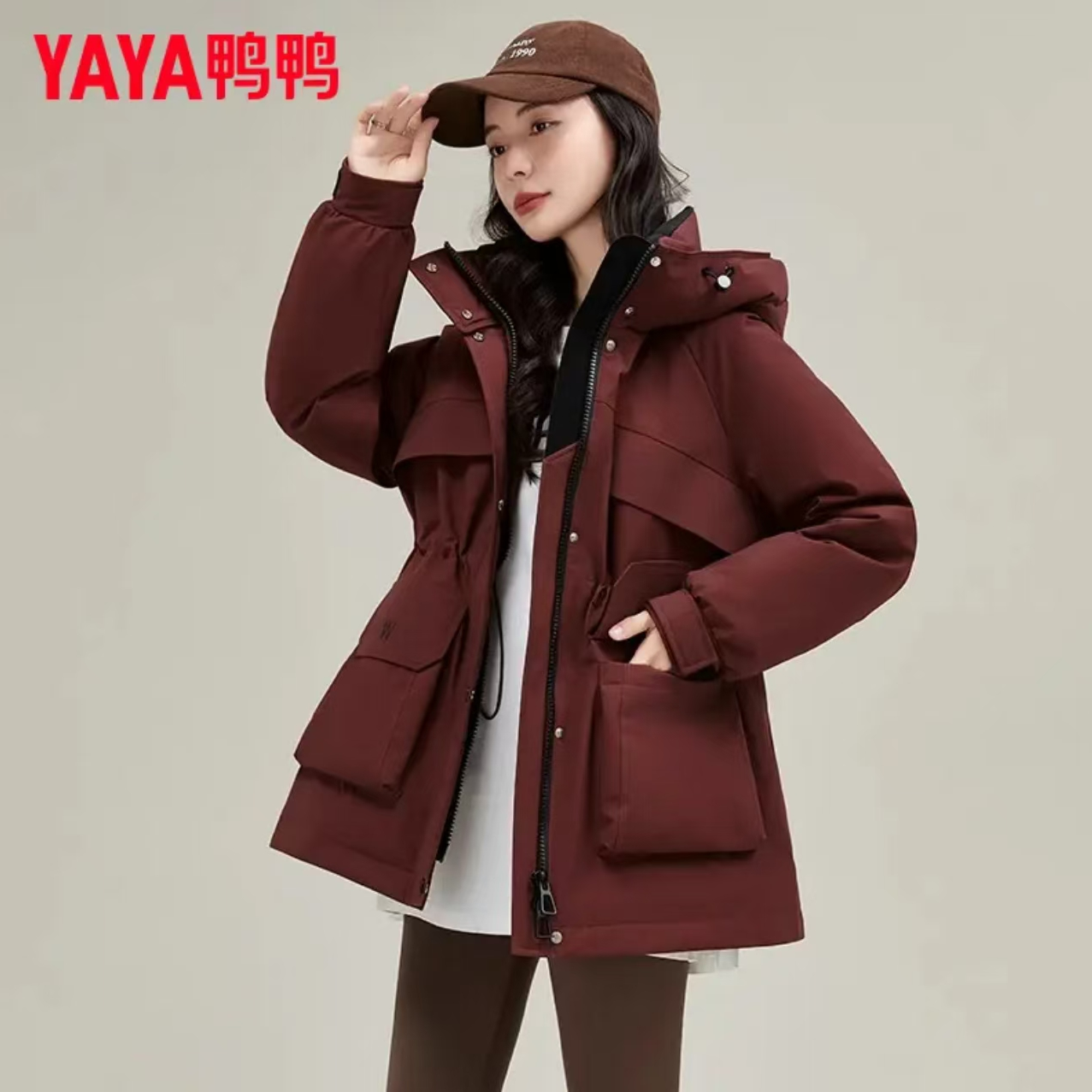 YAYA/鸭鸭时尚防风保暖中长款派克加厚羽绒服YE4B616345L