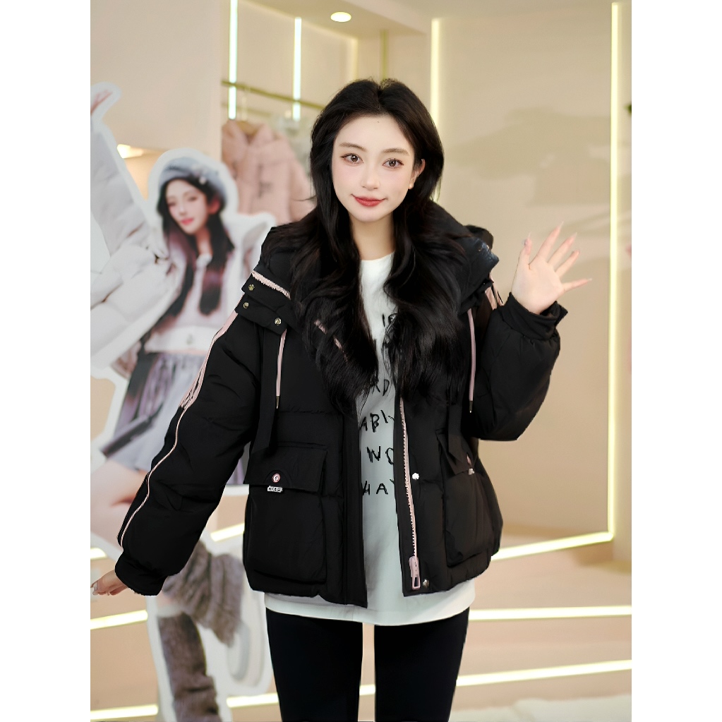 YAYA/鸭鸭条纹羽绒服女士短款冬季宽松连帽休闲保暖YE4B610065L