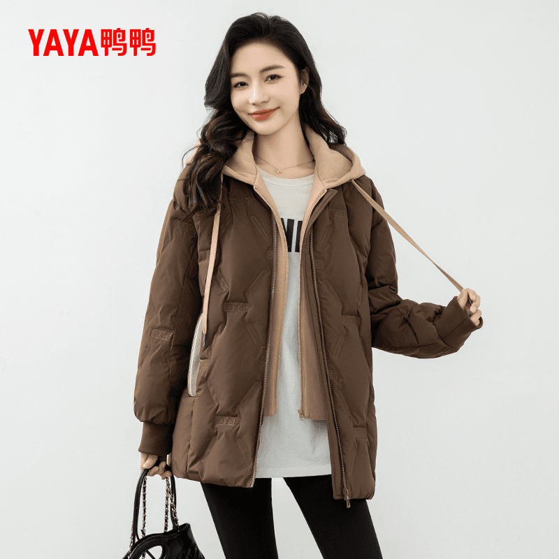 YAYA/鸭鸭新款时尚可拆卸卫衣领女保暖鸭绒羽绒服外套YE3B635075L