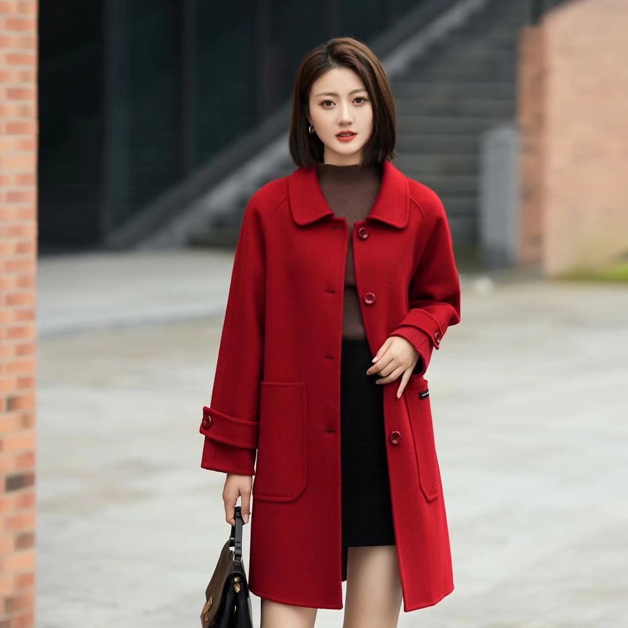 红人上新8809款双面韩版显瘦小个子中长款大衣气质洋气时尚红色