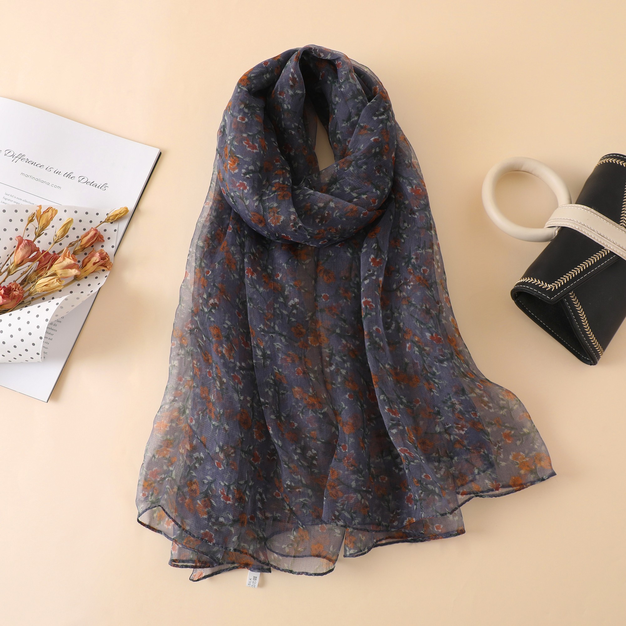 【高贵灰】丝巾时尚百搭薄款碎花围巾气质高档女士女孩桑蚕丝丝巾