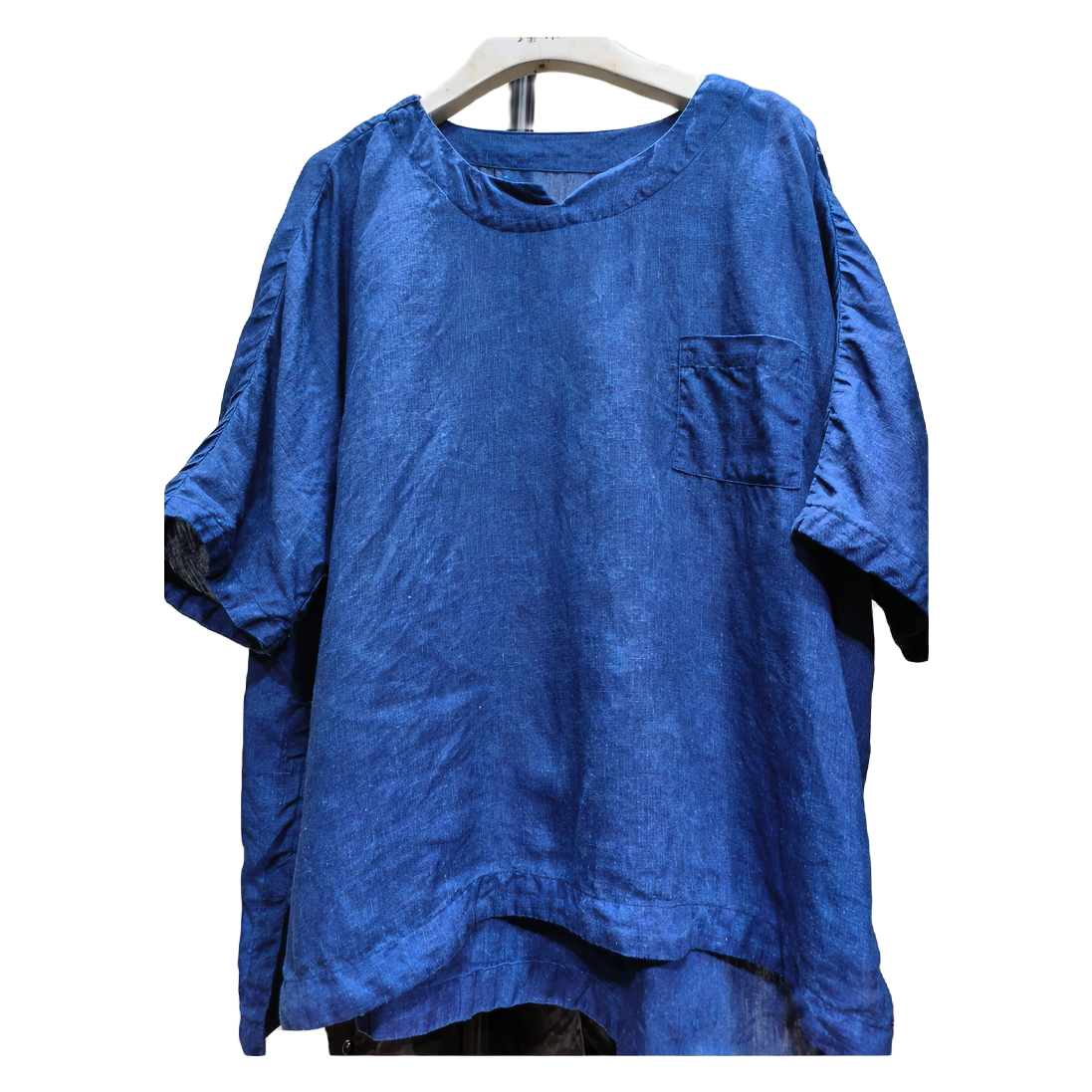 植草色植物染亚麻套头休闲宽松舒适夏季极简圆领纯色短款女装上衣