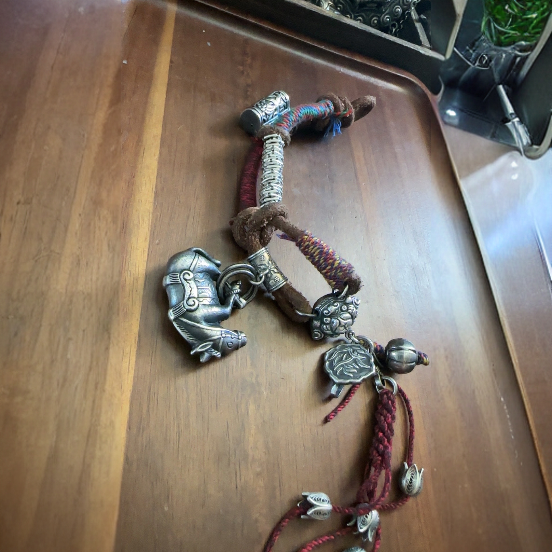 925银手链 古玩皮绳手工编织老银手链