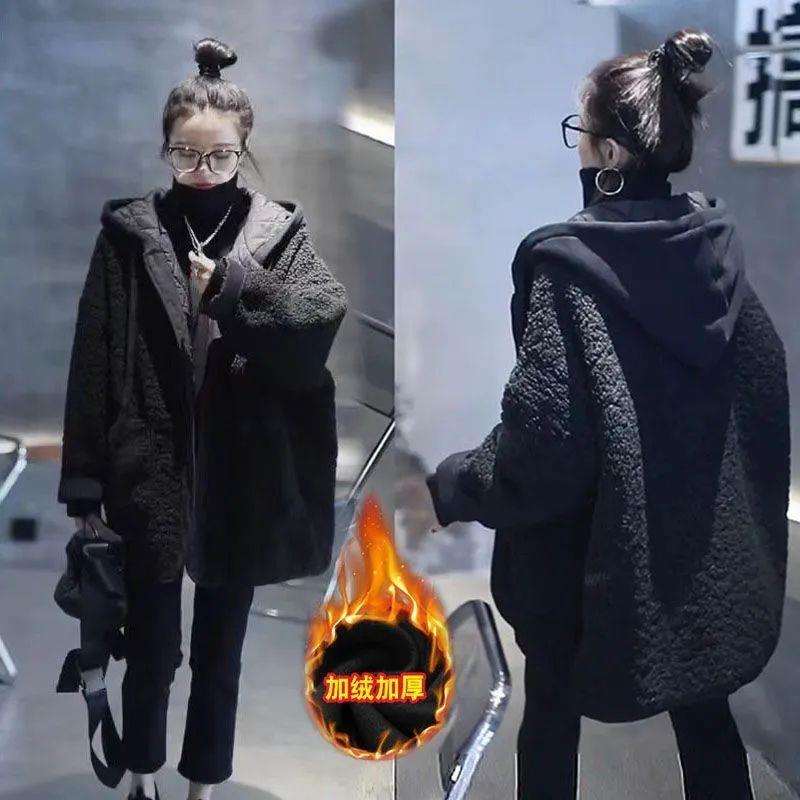 外套女秋冬时尚新款拼接假两件卫衣连帽宽松百搭大码呢大衣秋冬季