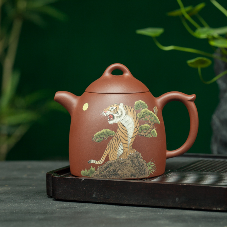 宜兴原矿紫砂工艺美术师江政凌纯手工紫砂泥绘虎威图茶具泡茶壶