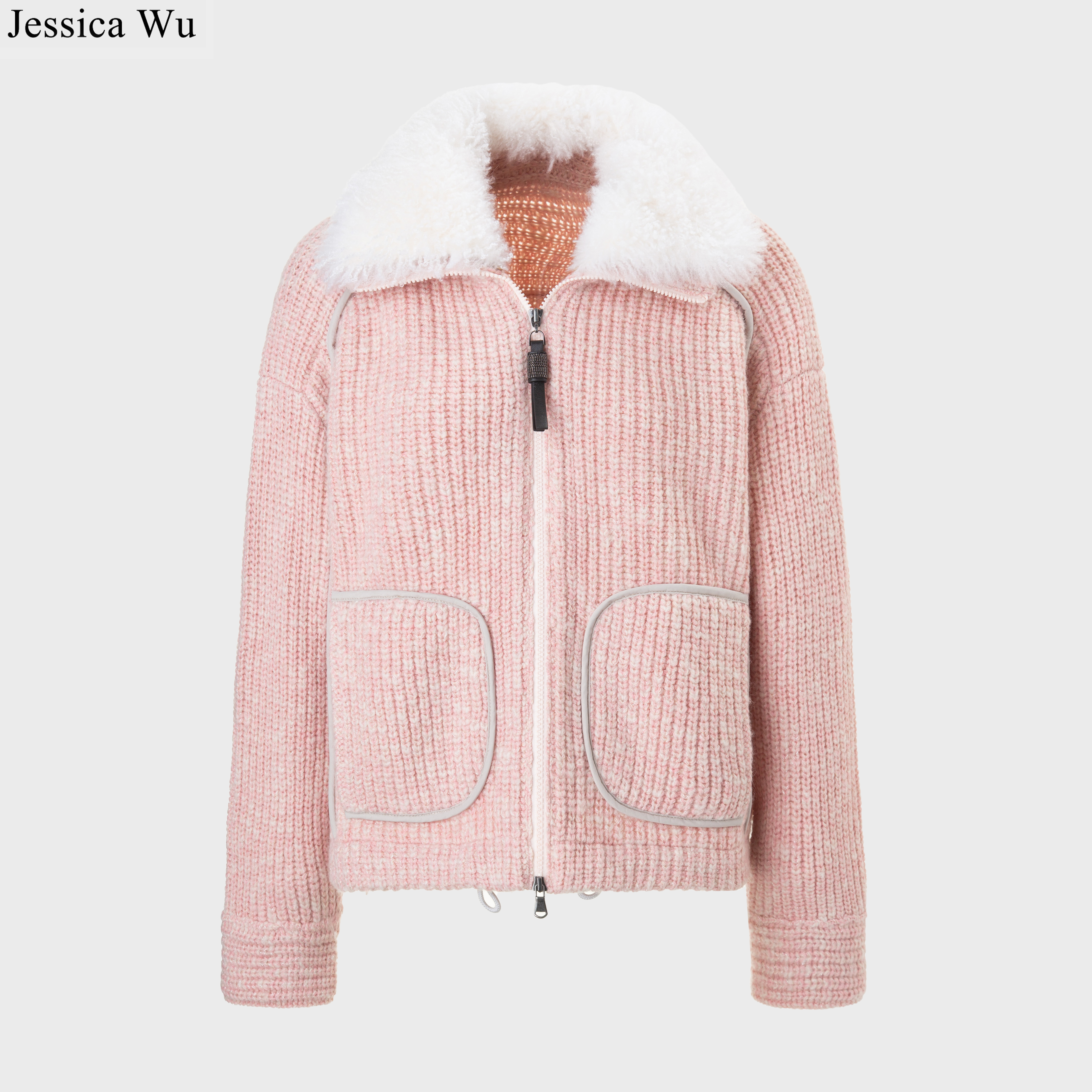 JESSICA WU高系列显白减龄粉色云纹粗针羊绒混纺拉链外套LG04001