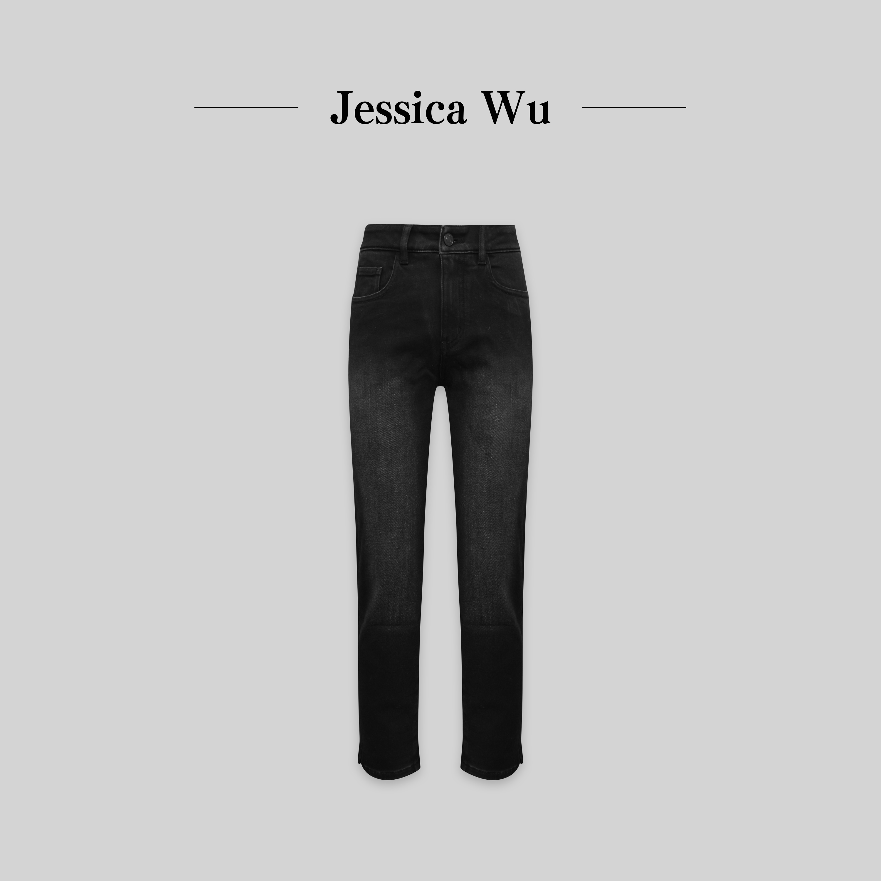 JESSICA WU修身女士显瘦时尚弹力深灰净版压褶牛仔直筒长裤