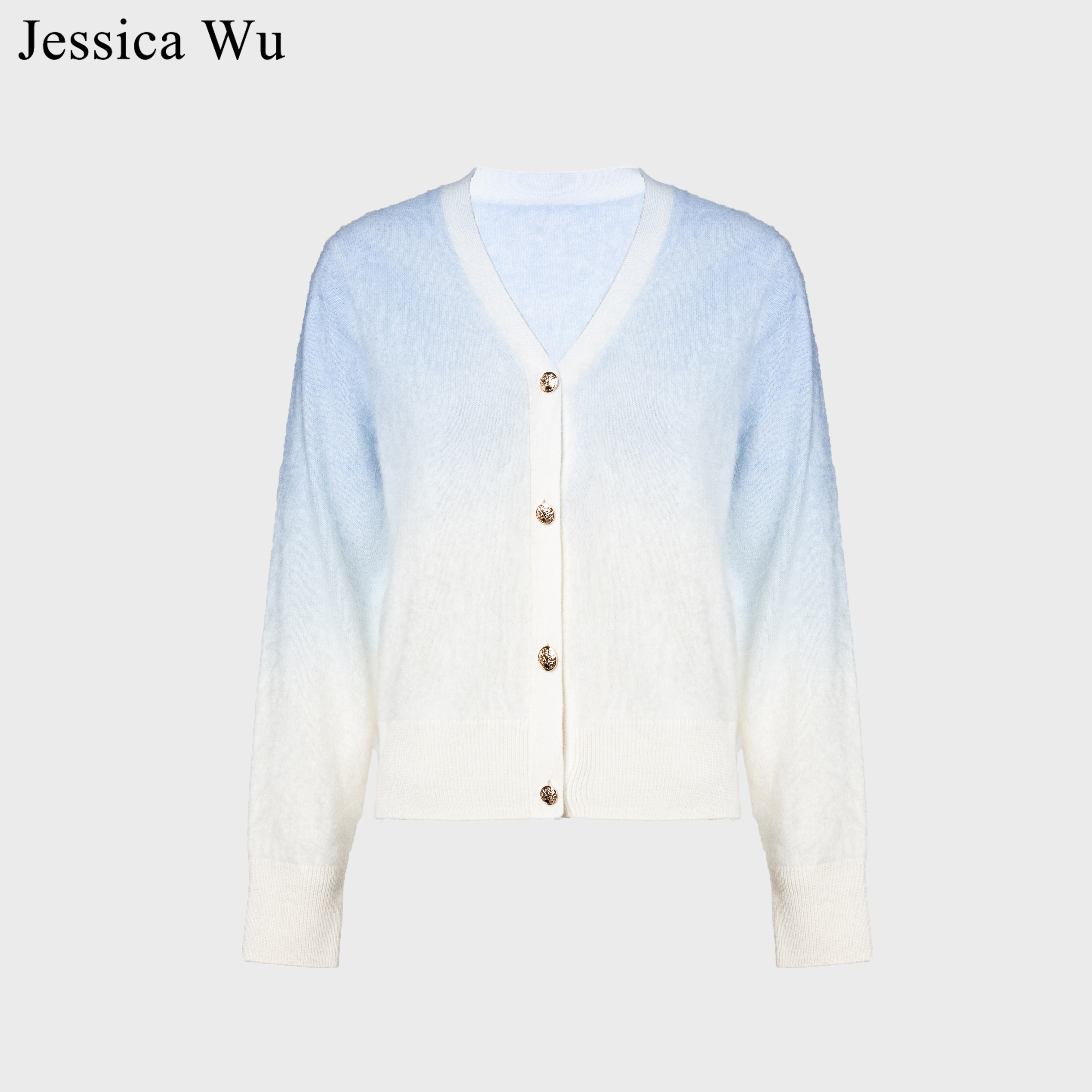 旦旦秋冬艺术感淡蓝色渐变色软糯亲肤全羊绒拉绒开衫LT04011