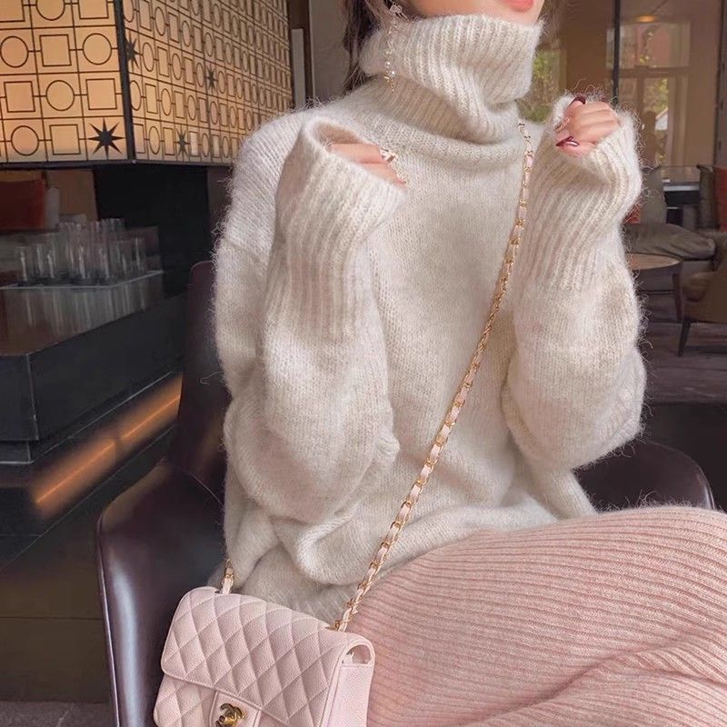 ZHIBAOBI  秋冬法式软糯白色高领毛衣女气质慵懒高级感针织打底衫