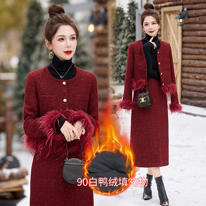 小香风羽绒服套装女秋冬洋气亮片气质90白鸭绒外套毛呢长裙两件套