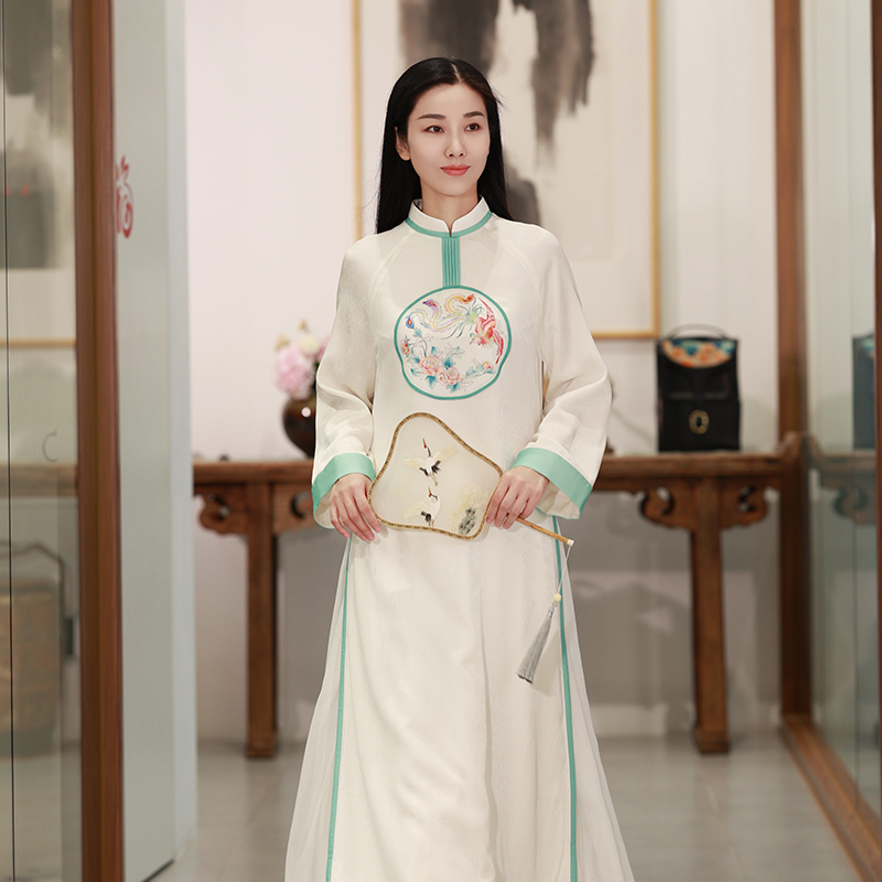 【掬衣】新中式国风工笔手绘古典凤穿牡丹直身长袍连衣裙