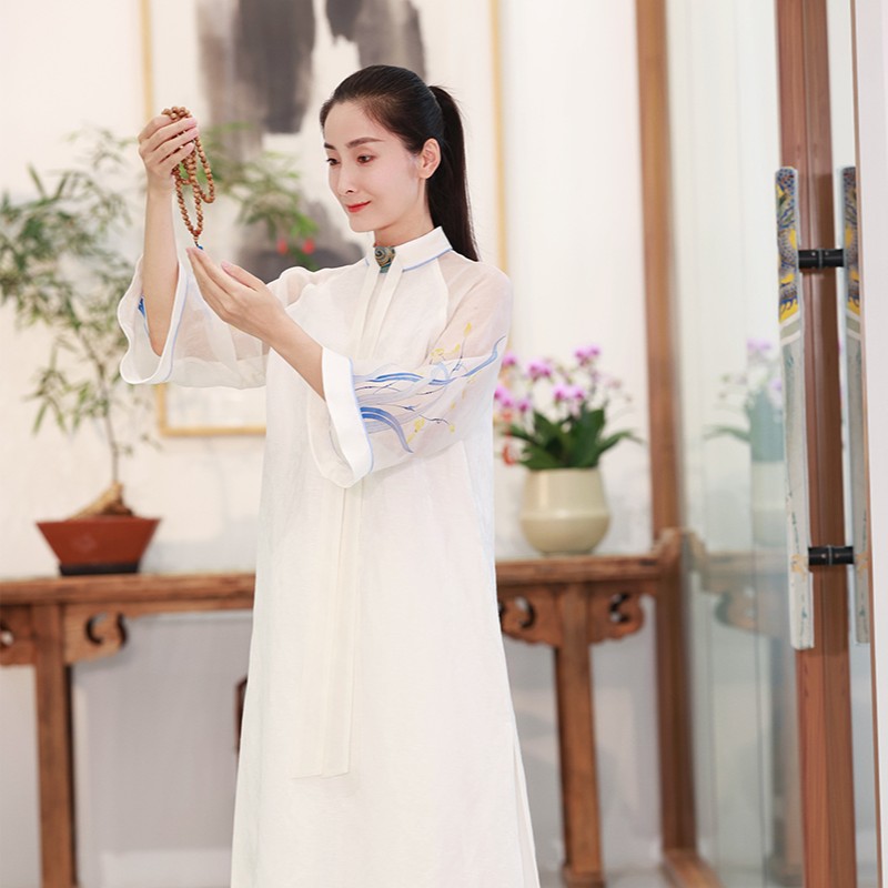 【汀若】工笔手绘兰花宽松长裙夏季复古国风古风中式