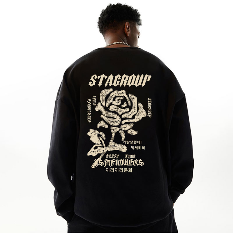 STA. SRXRMD美式玫瑰花重磅圆领卫衣男秋冬季高街休闲宽松上衣女