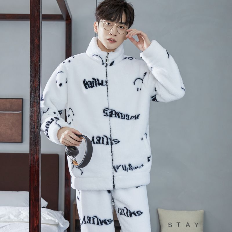 秋冬季男士珊瑚绒可外穿睡衣拉链加厚加绒法兰绒家居服潮套装冬天