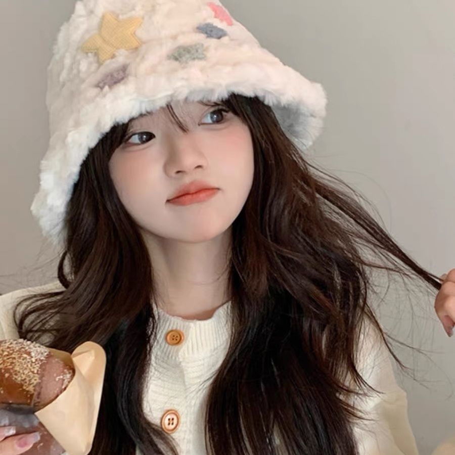 奶fufu羊羔毛盆帽秋冬保暖百搭大头围渔夫帽显脸小毛线帽毛绒帽子