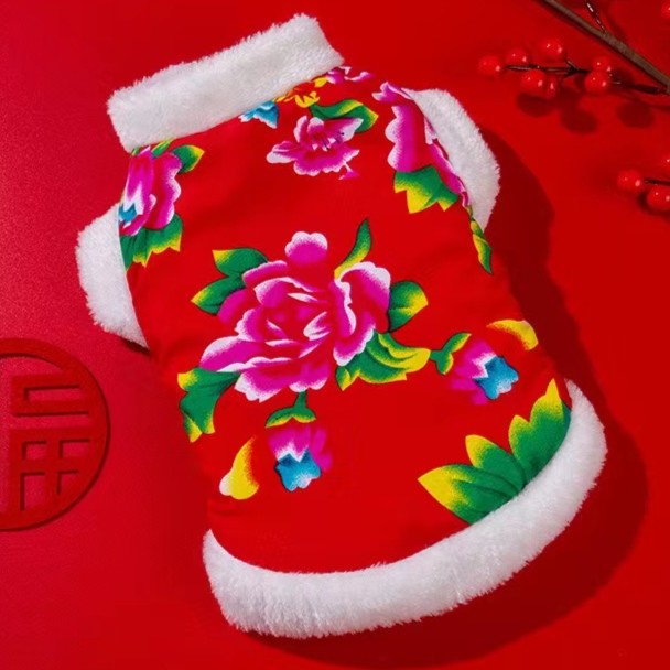 宠物衣服猫咪春冬东北大花棉袄拜年新年喜庆加绒小背心时尚单品