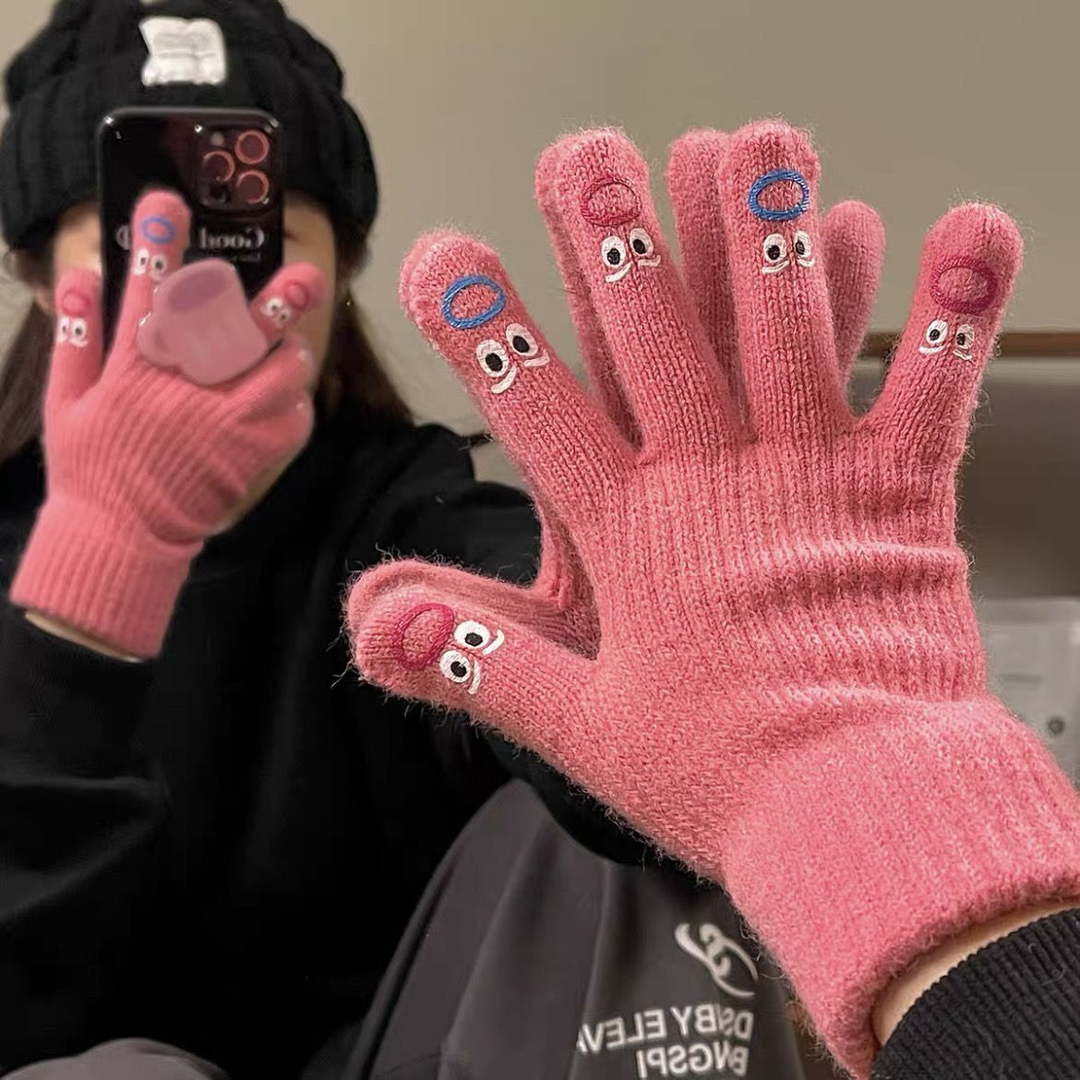 表情可爱针织毛线手套女冬季可触屏保暖露两指手指头学生五指骑车