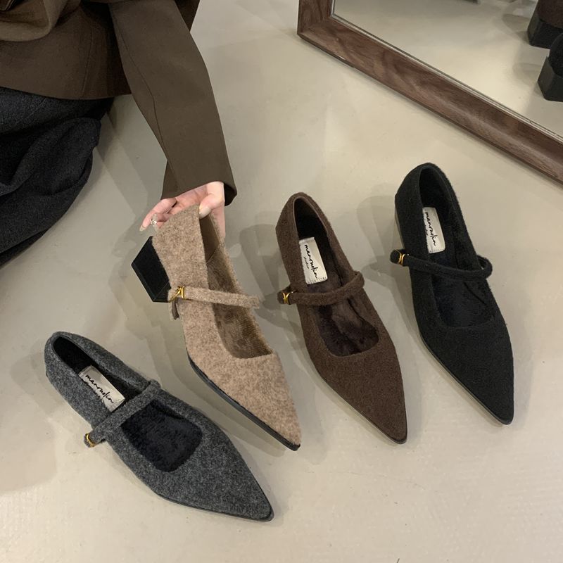 MRL-635-13尖头单鞋子女2025小香风毛呢粗跟玛丽珍鞋毛毛鞋低跟鞋