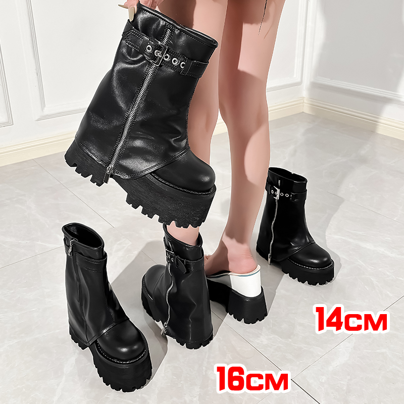 张匠人内增高-16厘米小个子短靴厚底女鞋10-12厘米靴堆堆裤管靴
