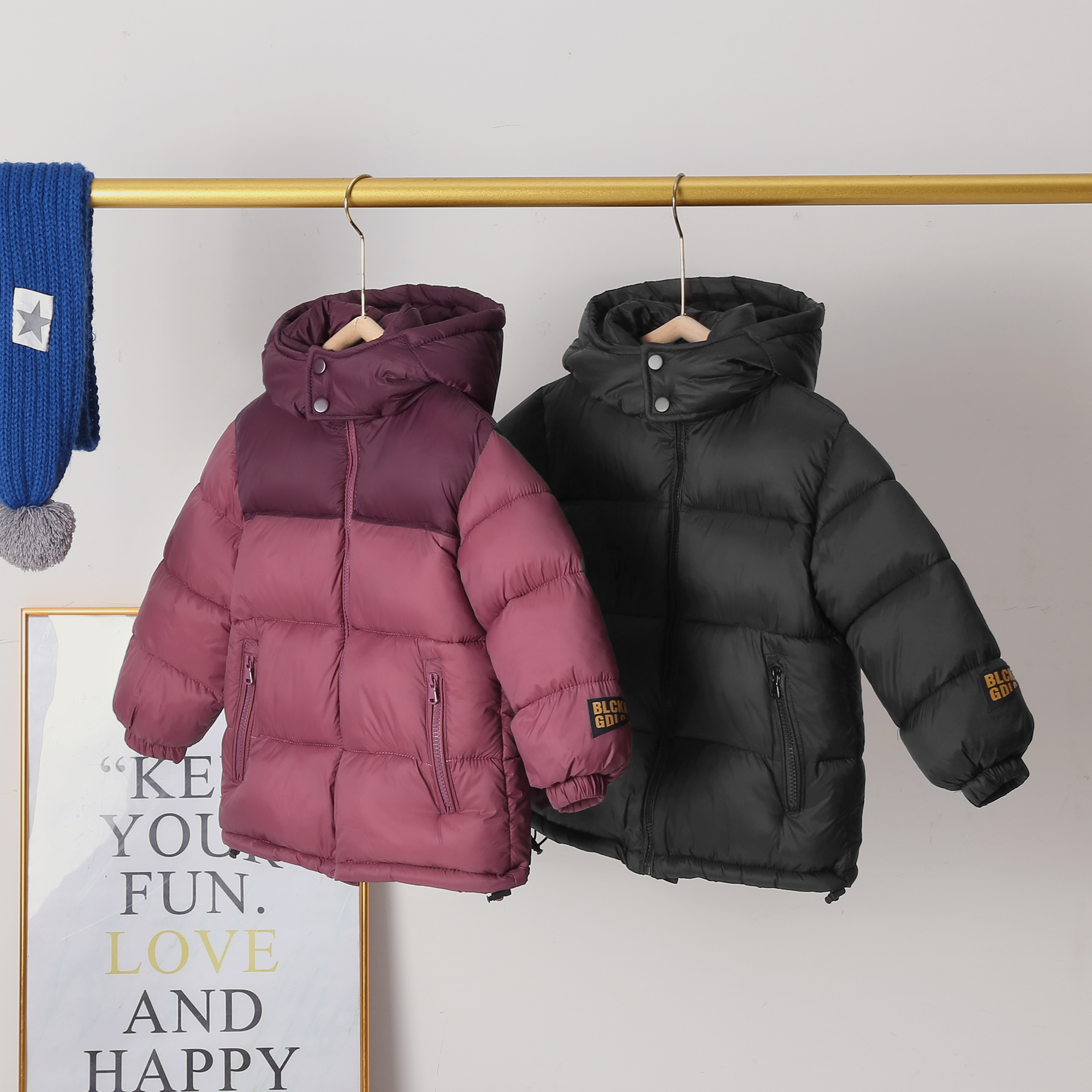 儿童冬季棉袄洋气连帽拼色外套男女童加厚保暖黑金内衬童装棉衣