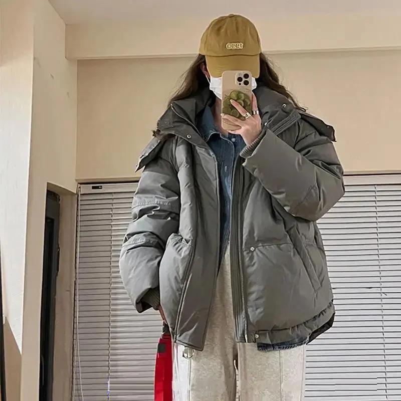 灰色爱心羽绒服女2023年新款男女情侣学生加厚面包服冬季