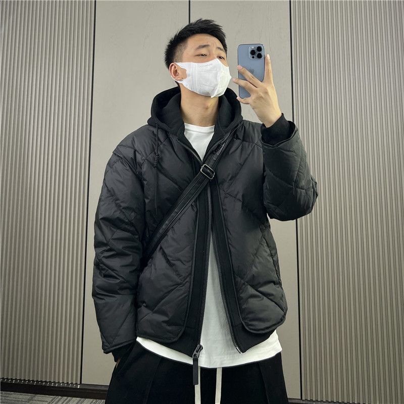 2023秋冬新款连帽假两件羽绒服服男时尚百搭拼接痞帅加厚