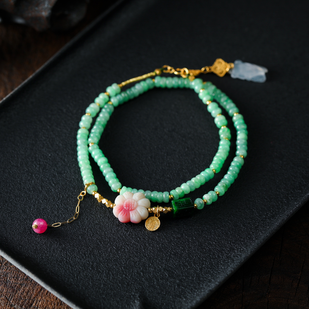 【意婵】天然高品阳绿翡翠双圈雕一鸣惊人18K金碧玺盐源配件-904750