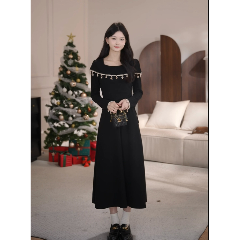 鹿向南「海上钢琴诗」法式女秋冬贝壳加绒假两件连衣裙DYL661614