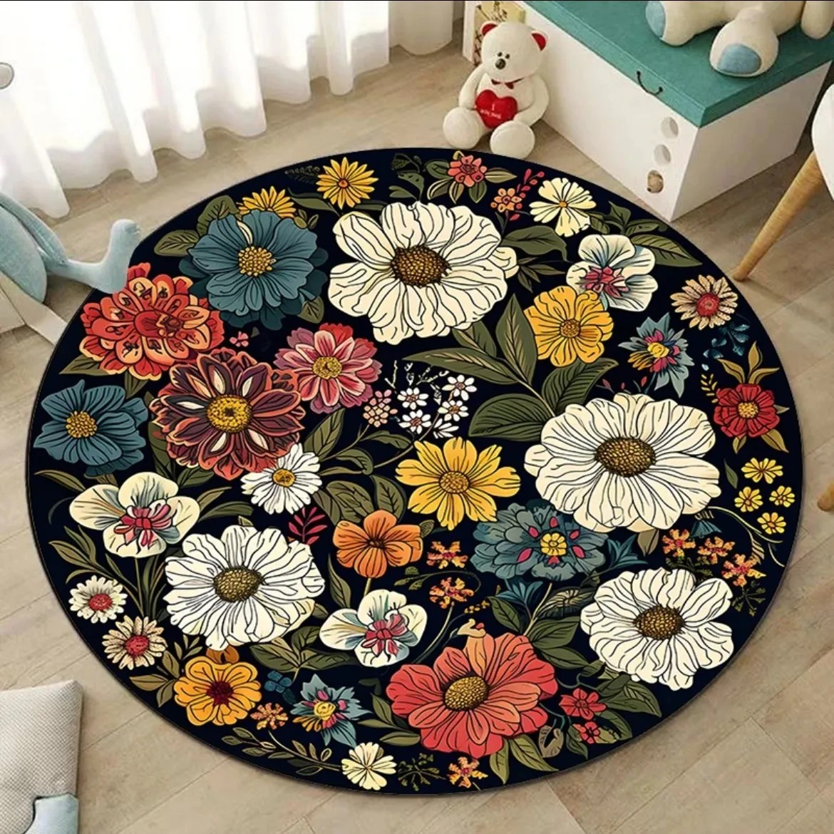 百花争妍金钻绒圆形地垫家用客厅卧室防滑地毯