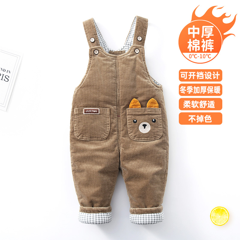 【六一】宝宝中厚背带裤加厚棉裤外穿保暖裤子男女童可开裆灯芯绒