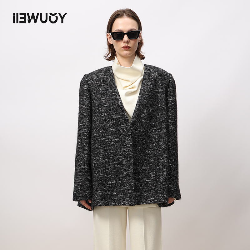 有尾YOUWEI设计师休闲花纱绵羊毛极简无领西装Y1923401高智淡人