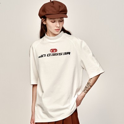 有尾YOUWEI春夏10号刺绣高领宽松休闲短袖T恤时尚【春夏】运动白色