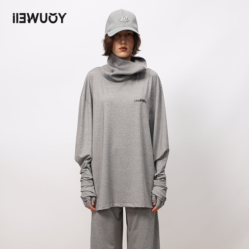 有尾YOUWEI小众休闲运动设计感灰色手套瑜伽高领套头衫Y1223407