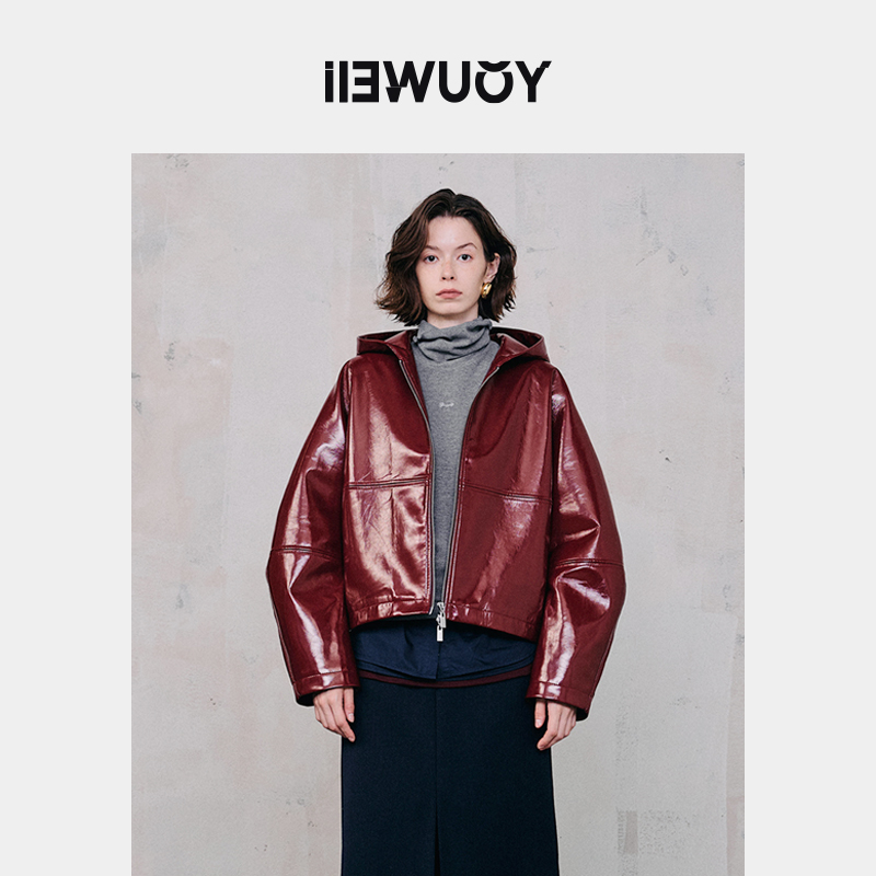 有尾YOUWEI 复古亮面皮短夹克 Y2324405短款时尚休闲百搭女士真皮