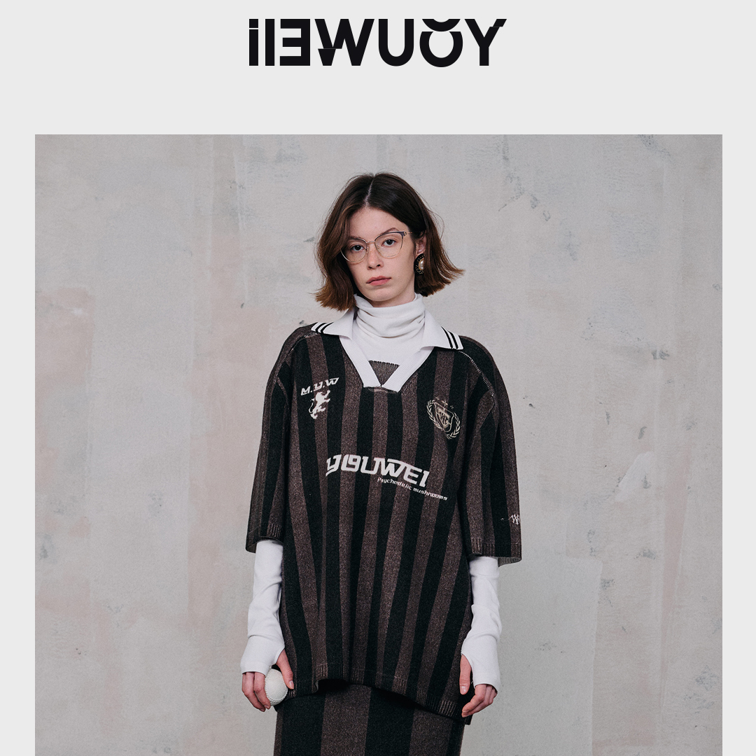 有尾YOUWEI 复古运动印花短袖毛衫 Y2124406长袖针织时尚休闲黑色