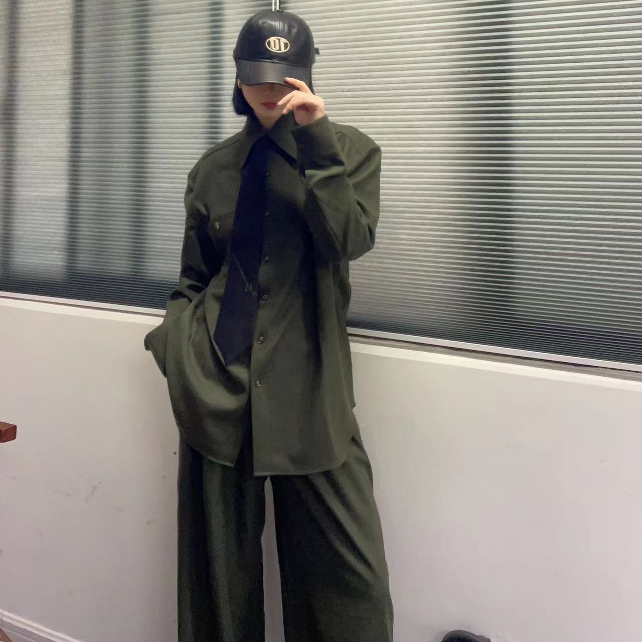 有尾YOUWEI羊毛纹刺绣ins领带衬衫秋冬DT1624102时尚休闲绿色情侣