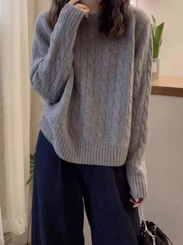 女士羊绒断码学院风灰色麻花针织衫女秋冬气质百搭长袖上衣