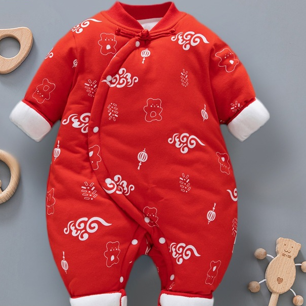 新生婴儿过年拜年衣服冬季加棉百日宴宝宝装喜庆冬装中国风连体衣