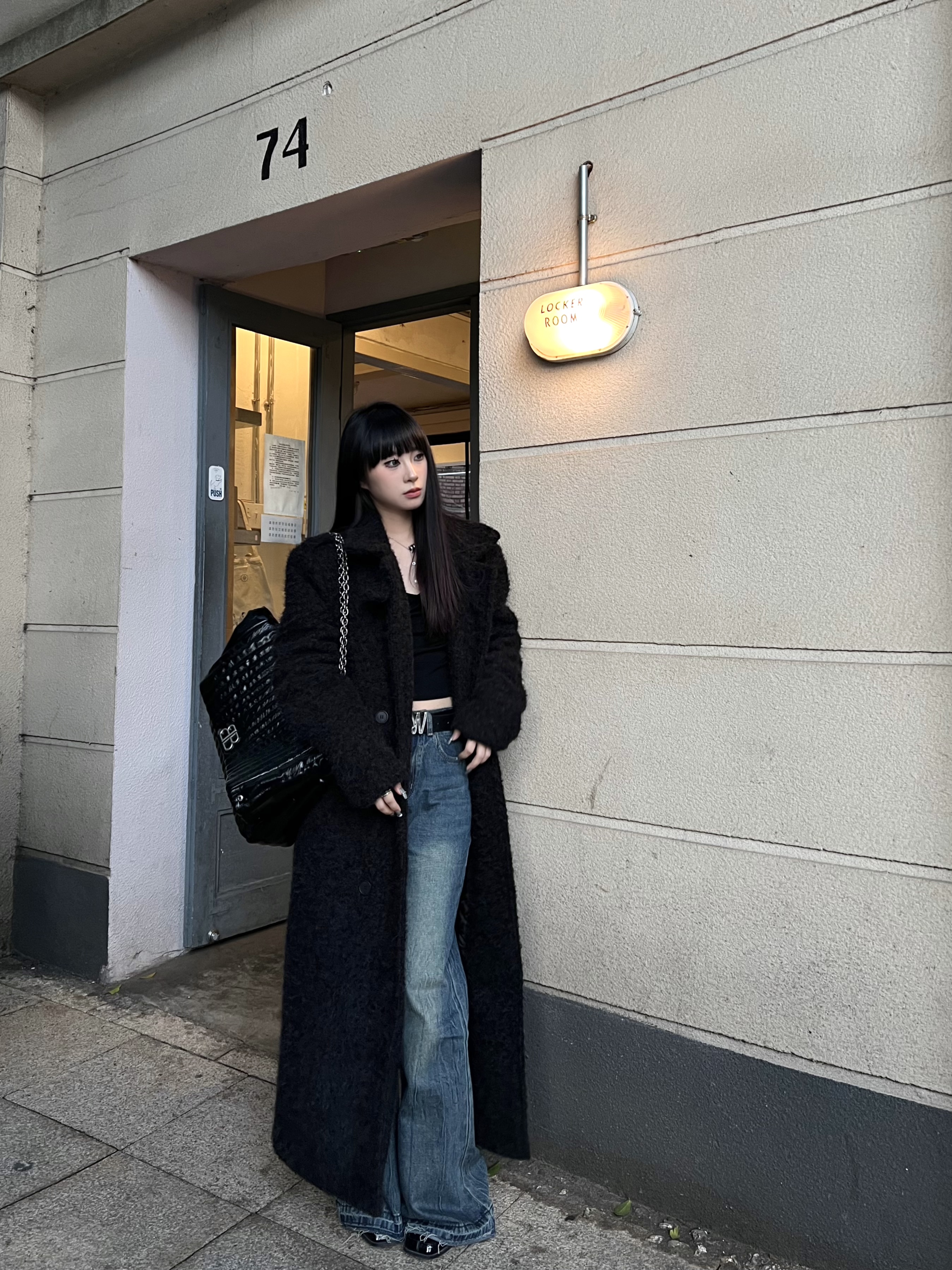 SUN11 网红绒绒毛呢立领大衣女秋冬高级感黑色宽松显瘦慵懒风外套