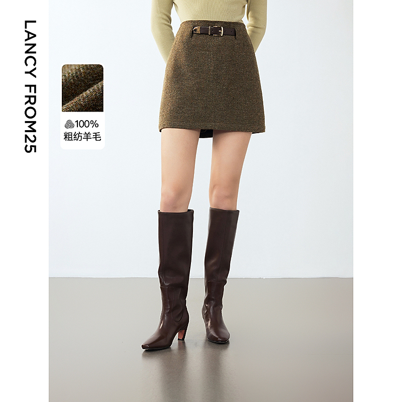 朗姿纯羊毛法式复古短款裙子新款a字气质高腰半身裙女