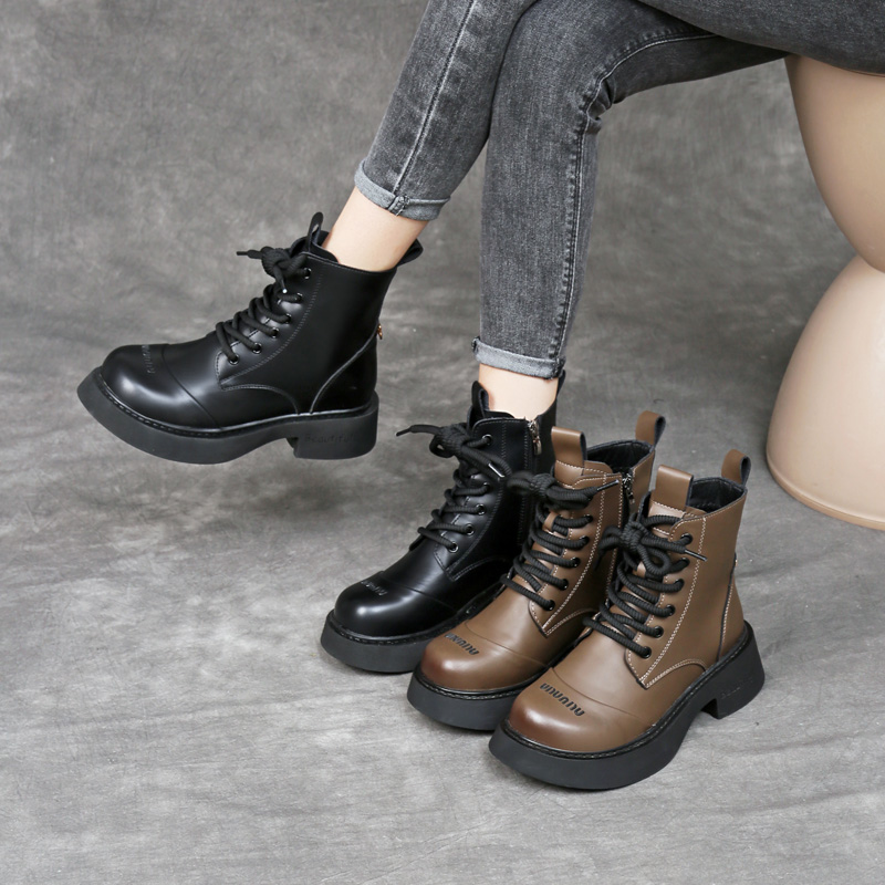 爆款真皮厚底马丁靴女2024新款英伦粗跟冬季加绒复古休闲百搭短靴