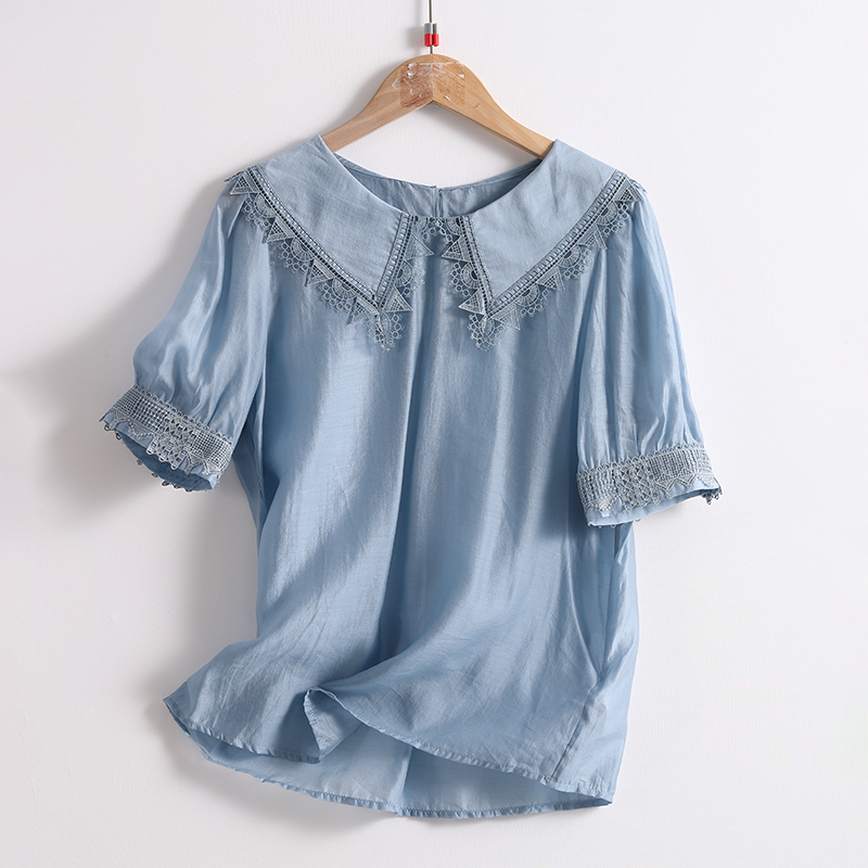 12736 柜货！ 时尚洋气女式夏日蕾丝边娃娃领短袖小衫衬衫