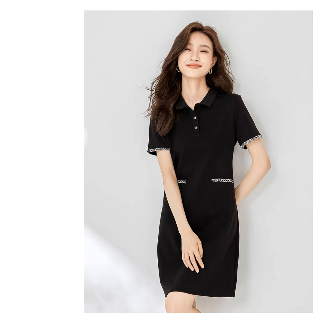 12214 【实穿百搭】女士夏季POLO领小香风纯色休闲口袋A字连衣裙 