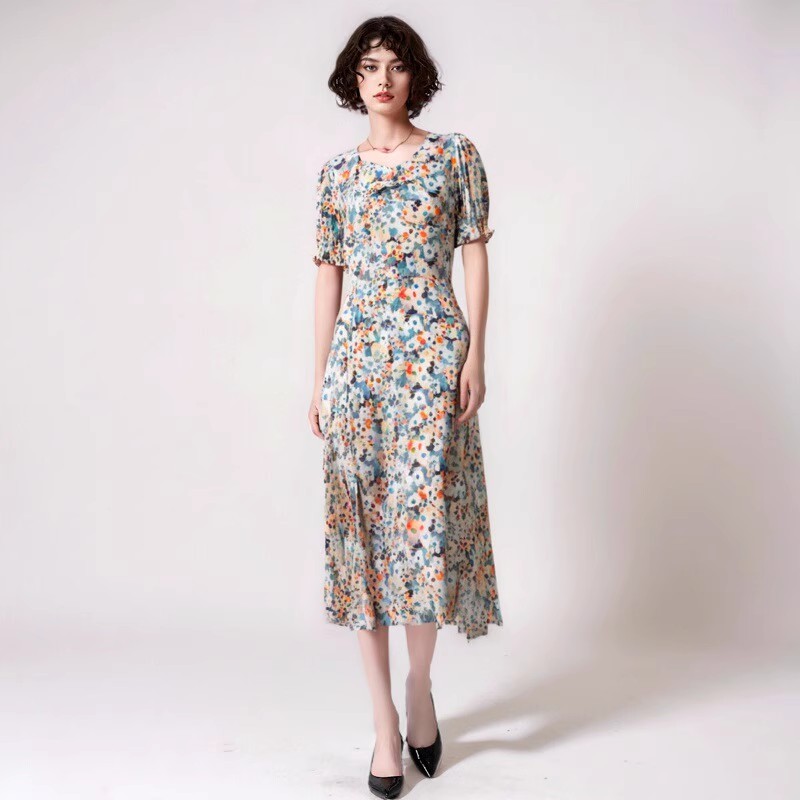 22219  「莫奈花园」柜货！ 女式碎花小方领高腰开叉短袖连衣裙