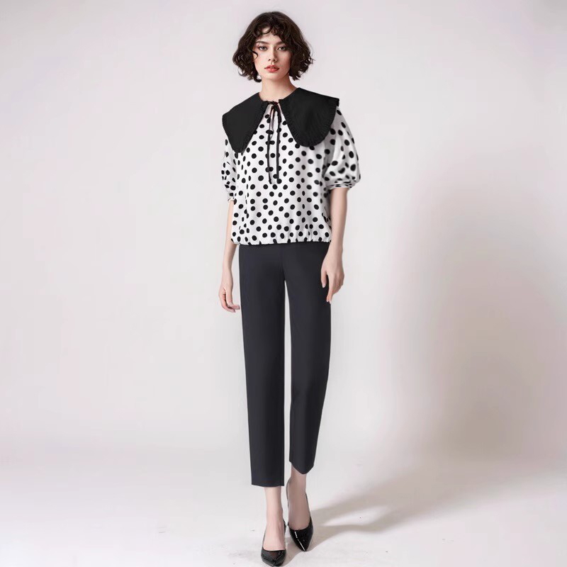 21231  柜货！ 女式夏日黑白波点可脱卸娃娃领蝙蝠短袖小衫雪纺衫