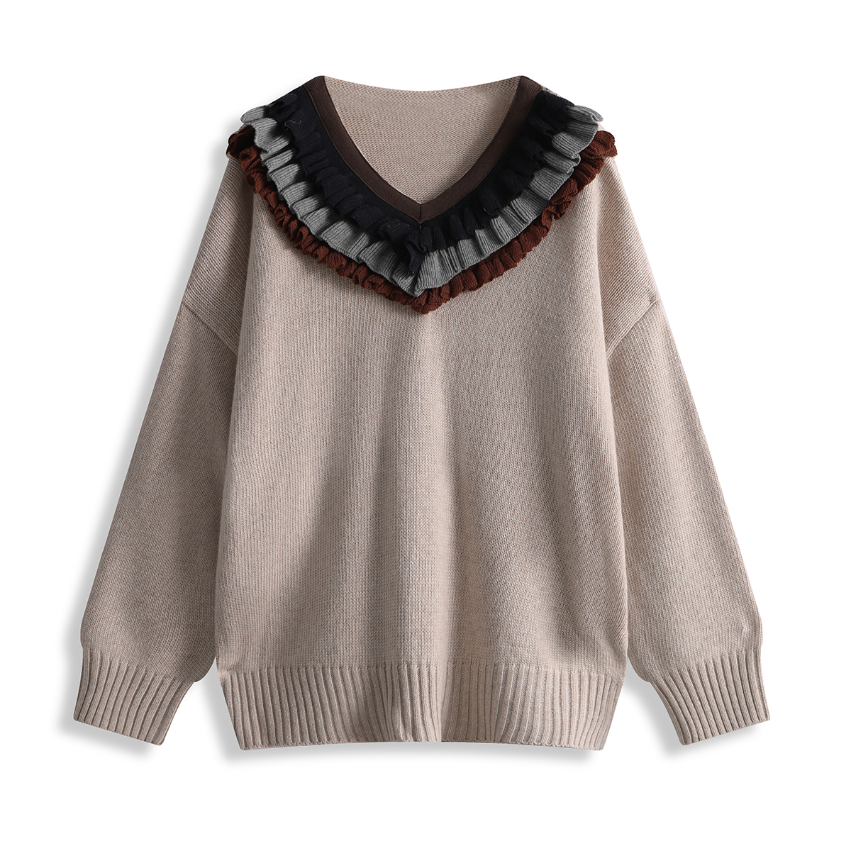 54328  软糯亲肤！ 女式秋冬拼接V领休闲百搭毛针织衫