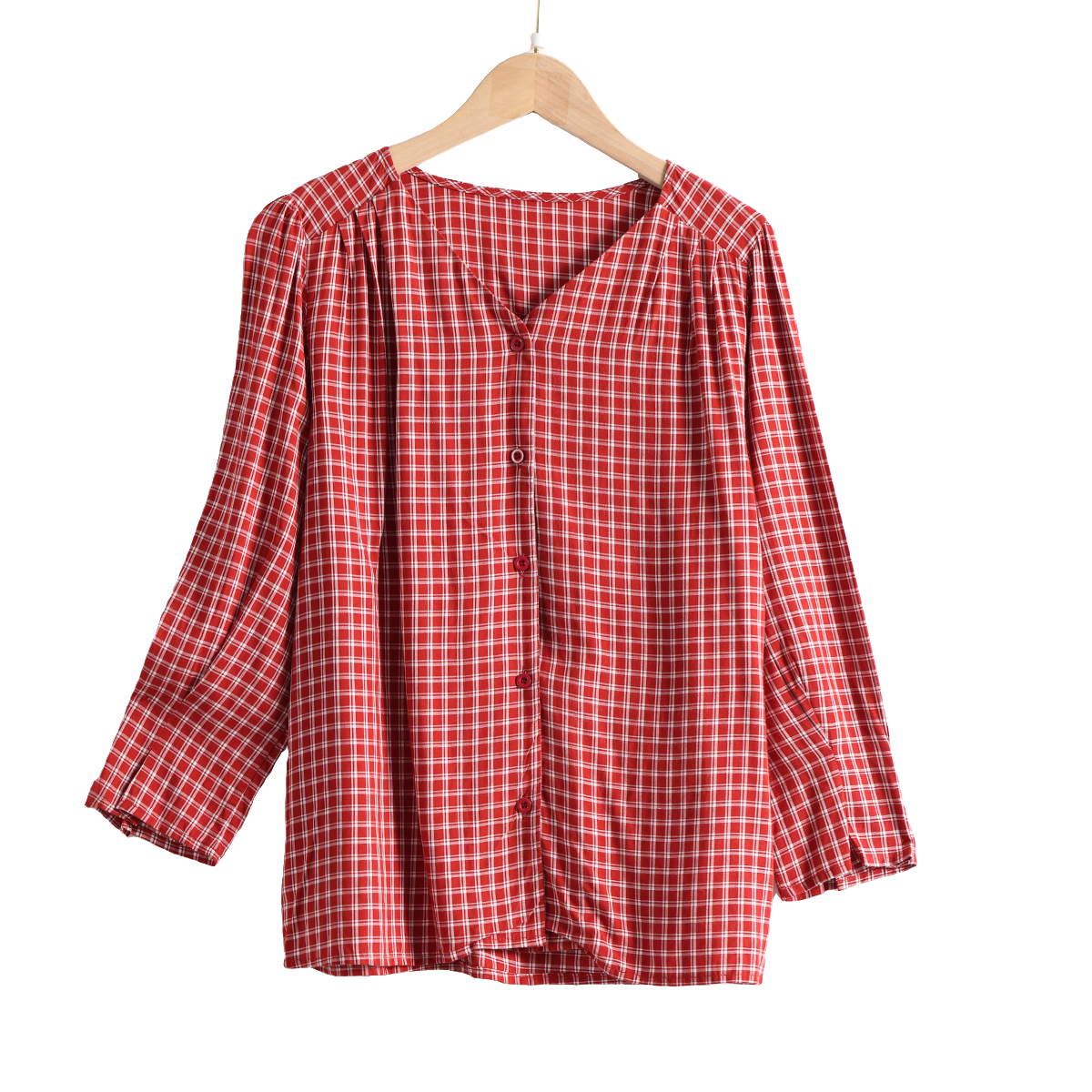 R-7175  软糯亲肤！  女式春夏红色格纹休闲百搭V领衬衫