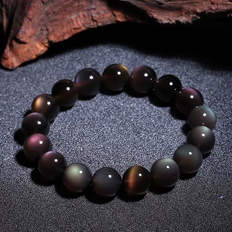 天然冰彩黑曜石手链冰种双彩虹眼黑曜石手串佛珠男女饰品